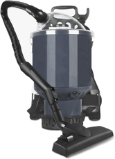A generic backpack vacuum of the type most cleaners carry, with the flat low-profile floor tool it comes with — no brush roll in it