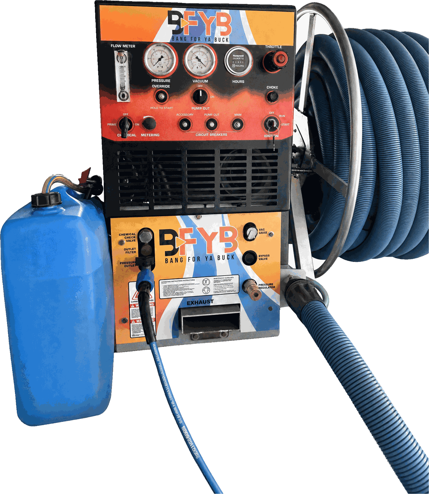 The BFYB Sapphire Scientific Rage truckmount, branded control panels, pressure and vacuum gauges and vacuum hose reel mounted in the ute